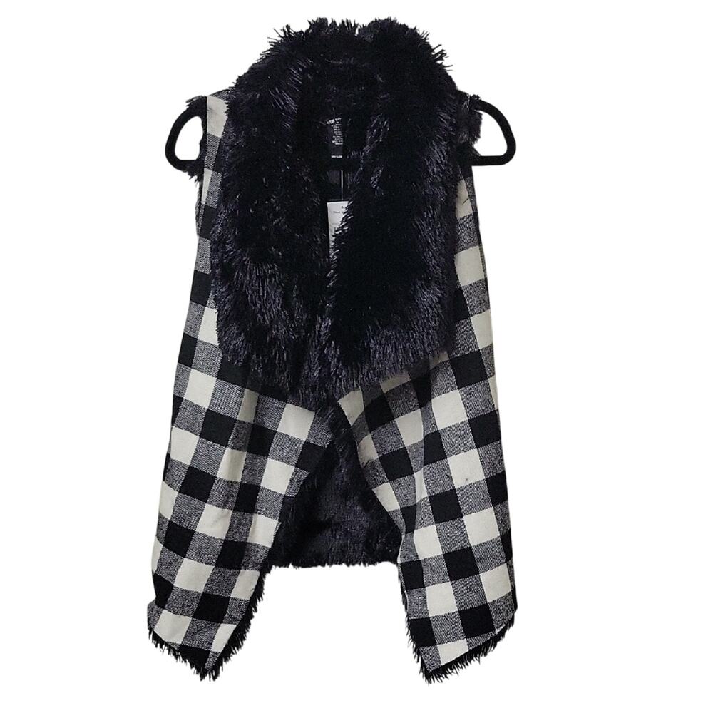 Steve Madden Reversible Faux Fur Black White Checkered Vest Womens Medium NWT